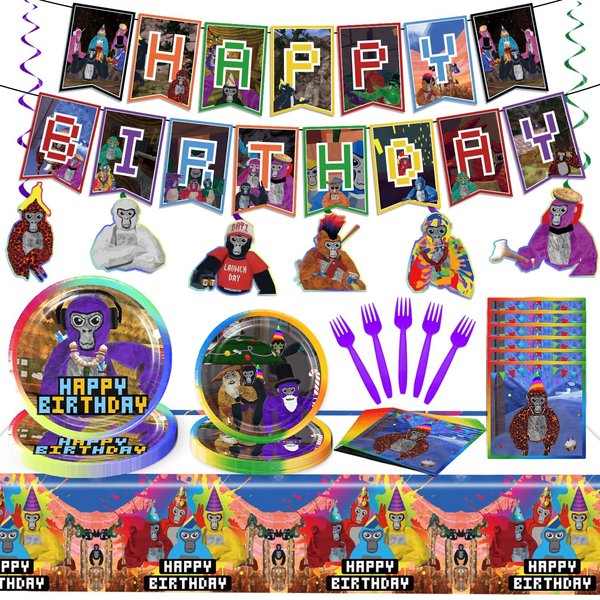 108pcs VR Birthday Decorations Tableware Set, VR Game Theme Birthday Party Decorations Include Banner, Plates, Forks, Napkins, Tablecloth, VR Party Supplies for Fans