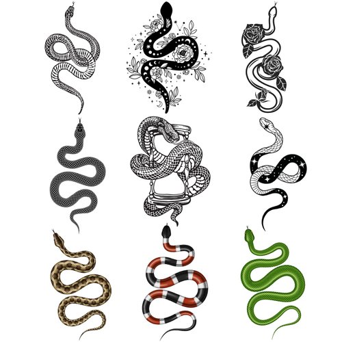 CARGEN Realistic Snake Temporary Tattoos - 3 Sheets 9 Design 3D Snake Stickers Fake Tattoos Snakes for Kids Snake Tattoos for Women Men Adult Green Rose Flower Star Hourglass Body Art Forearm Arm