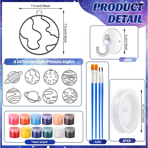 Cholemy 24 Sets Planet Sun Catcher Kit Include Suncatcher Craft with Paints Suction Cups Fishing Thread, Planet DIY Window Art Kit Paintable Suncatchers Decorations for Gifts