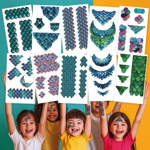 10-Pack Mermaid Scale Temporary Tattoo Stickers – 2.9 x 4.7 Inch Fake Tattoos for Cosplay, Festivals, and Halloween for Kids and Adults