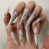 24 Pcs Stiletto Press on Nails Halloween Fake Nails White Long Nails Silver Flame Designs False Nails Glossy Full Cover Stick on Nails for Women and Girls Halloween Nails