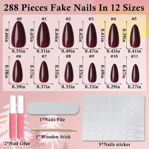 LoveOurHome 288pc Almond Press on Nails Medium Fake Nails Tips Acrylic Nails Press ons Nail Short Stiletto Glue on Nail French Tips Press on Nail Women Girls Artificial False Nail with Adhesive Tabs