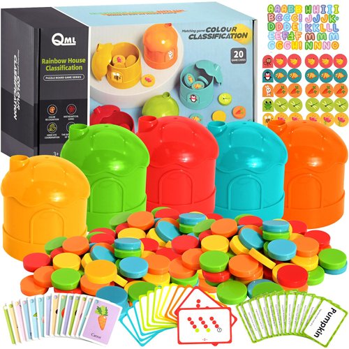 QAMEGX Color Sorting Toys for Toddlers 3-6, 97Pcs Rainbow House Color and Shape Sorting Toys with Matching Sorting Cups Montessori Preschol Learning Activities Math Sensory Traning Game for Boys Girls
