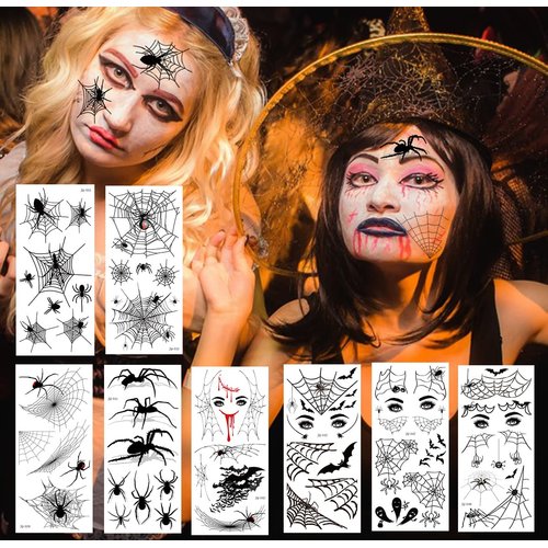 65 PCS Halloween Spider Web Face Eye Temporary Tattoos Realistic Stickers for Adults Kids, Face Shoulder Arm Back Decor for Halloween Party Costume Apparel Cosplay Accessories (9 Sheets)