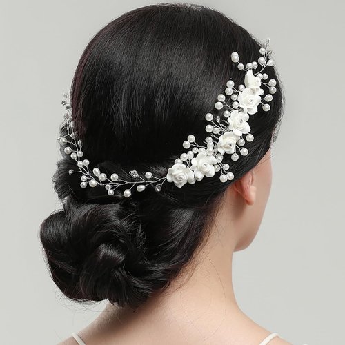 Flower Bride Wedding Hair Comb with Pearls and Crystals Elegant Headpiece Bridal Handmade Hair Accessories 13.4" for Women Girls, White