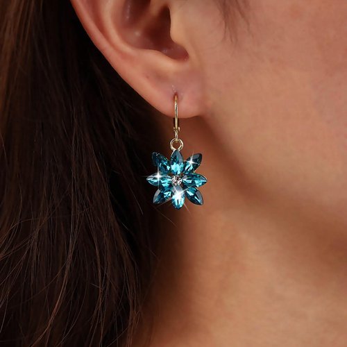 Sttiafay Vintage Blue Crystal Flower Earrings Sapphire Drop Earrings Rhinestone Flower Hoop Earrings Blue Gem Flower Stud Earrings Jewelry for Women