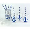 Blue Anchor Cups, Nautical Party Supplies, Plastic Disposable Cups, Slot Lids, Paper Straws, Set of 12