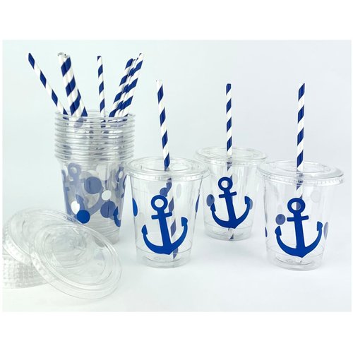 Blue Anchor Cups, Nautical Party Supplies, Plastic Disposable Cups, Slot Lids, Paper Straws, Set of 12