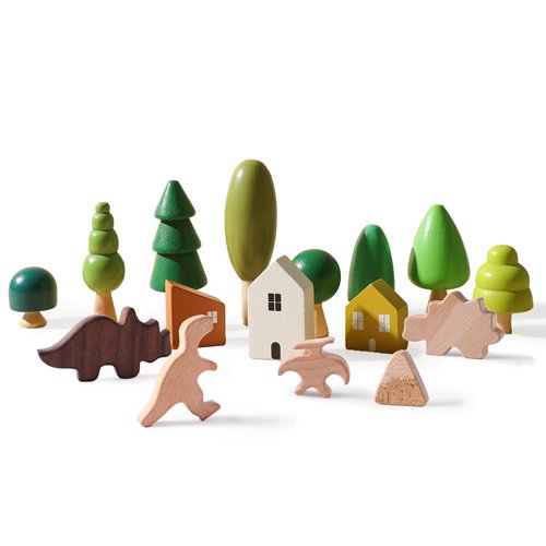16 Pcs Wooden Stacking Blocks for Toddlers, Wooden Montessori House & Dinosaur Toys, Various Sizes Learning Educational Mini Trees, Forest Tree Ornaments Toys Set for Craft & Home Decor Accessories