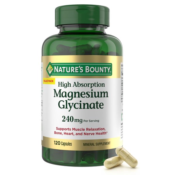Nature’s Bounty High Absorption Magnesium Glycinate 240 mg for Supporting Muscle Relaxation and Bone, Heart & Nerve Health – Non-GMO, Gluten-Free, Vegetarian, 120 Count/60 Servings
