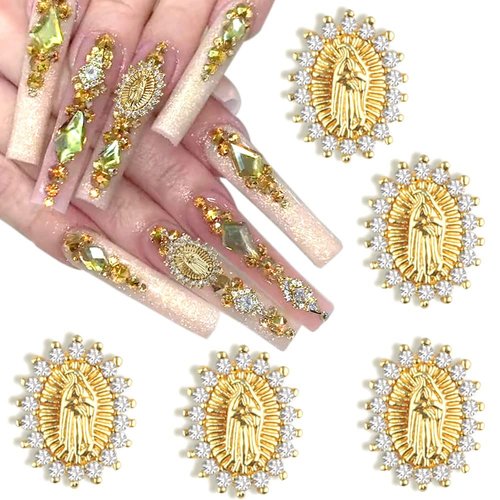 3D San Judas Nail Charm Virgin Mary Nail Charms Shiny Zircon Alloy Jesus Virgin Mary Charms for Nails Metal Buddha Gold Nail Charms Nail Jewels Religious Nail Rhinestones Nail Art Accessories,5pcs/set