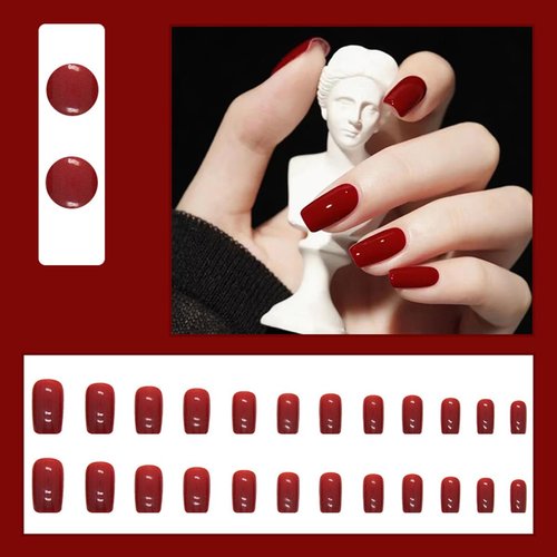 Red Press on Nails Medium Length Coffin Fake Nails Wine Red Acrylic Glue on Nails with Elegant Red Gradient Designs Full Cover Solid Color Wine Red Shiny Oil Square False Nails Set for Women 24 Pcs