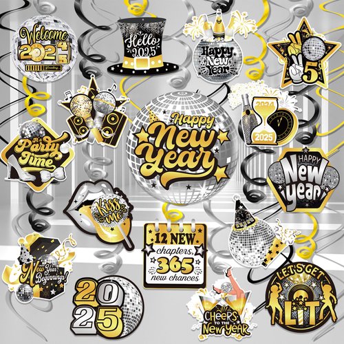 HOWAF 30pcs New Year Eve Party Supplies Swirls, Black Gold Silver New Years Eve Party Supplies 2025 Happy New Year Decorations NYE Decorations 2025 New Years Decorations for Home Office Ceiling