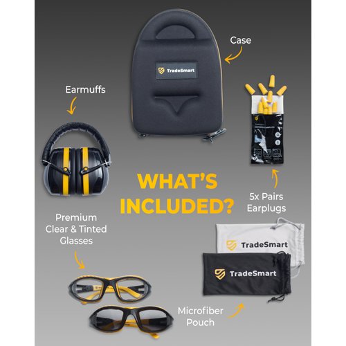 TradeSmart All-in-One Shooting Ear Protection - Comfort+ NRR 28 Earmuffs, Glasses & Earplugs + Carry Case