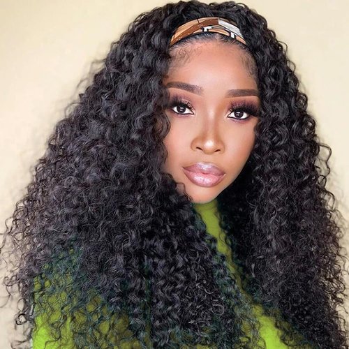 Geoyern Kinky Curly Headband Wig Human Hair 20 inch Machine Made Wigs For Black Women Kinky Curly Human Hair Wigs Brazilian Virgin Human Hair Headband Wig (20",curly headhand wig)