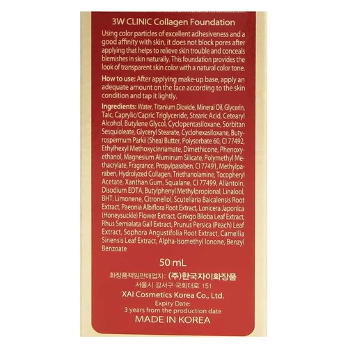[3w Clinic] Collagen Foundation 50ml/ Perfect Cover Bb Cream/#21 Clear Beige/Korea Made