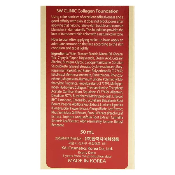 [3w Clinic] Collagen Foundation 50ml/ Perfect Cover Bb Cream/#21 Clear Beige/Korea Made