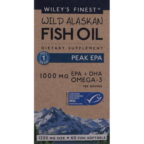 Wiley's Finest Wild Alaskan Fish Oil Peak EPA - Triple Strength Peak EPA and DHA - 1000mg Omega-3s, SQF-Certified - 60 Softgels (60 Servings)