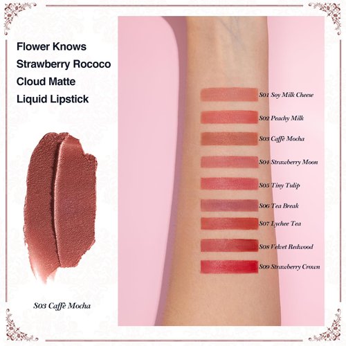 Flower Knows Strawberry Rococo Cloud Lip Cream Matte Liquid Lipstick-Long Lasting&Highly Pigmented Lip Stain -Velvety Waterproof Lip Makeup for Girls&Women-0.12 Fl Oz,1 Count(S03 Caffe Mocha)