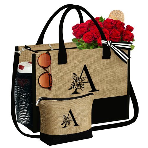 YOOLIFE Personalized Birthday Gifts for Women, Initial Tote Bag Monogram Tote Bag Womens Gifts Bridesmaid Gifts Wedding Gifts Mom Gifts Teacher Appreciation Gifts Christmas Gifts for Women A