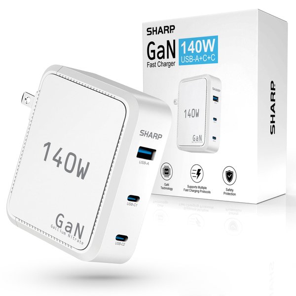 Sharp 140W USB C Charger, Compact Foldable GaN Fast Charge 3-Port (2 USB-C, 1 USB-A), Compact Foldable Wall Charger for MacBook Pro/Air, iPad Pro, iPhone 15/Pro, Galaxy S22/S21, Dell XPS, White