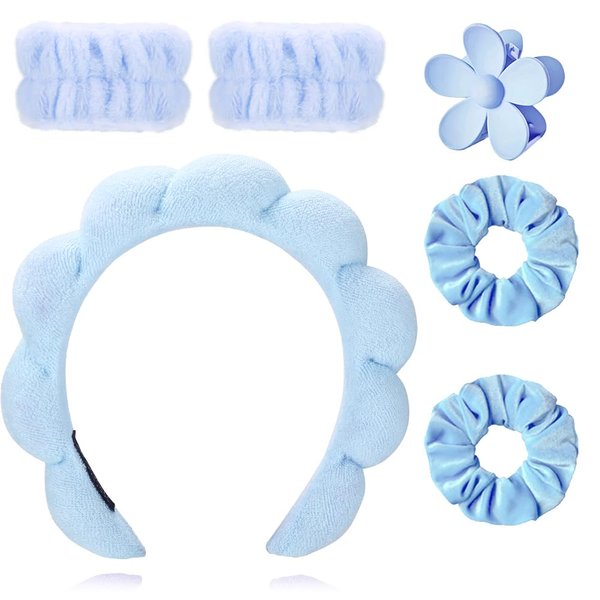 Skin Care Headband for Washing Face Makeup,Sponges Bubble Soft Puffy Padded Headwear for Women Girl Non Slip Thick Hair Accessory (Flower Blue)