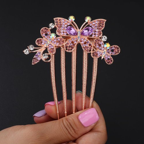 Chargances Boho Rhinestone Butterfly Hair Comb Bridal Wedding Purple Crystal Hair Side Combs with Long Teeth Sparkly Hair Accessories for Women and Girls (Purple)