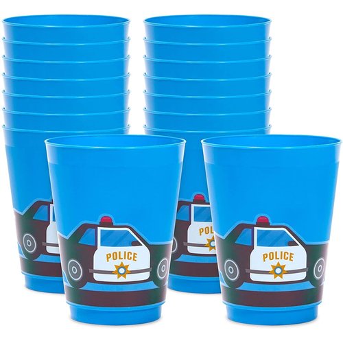 BLUE PANDA 16 Pack Plastic Police Cups for Kids, Car Party Favors for Birthday Party Supplies (16 oz)