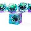 Beholder's Dragon Eye DND Dice Set,Sharp Edge Liquid Core Resin Handmade Cat Eye Dice with Gift Box 7 PCS for Role Playing Dungeons and Dragons Ttrpg(Green Purple Dargon Eye)