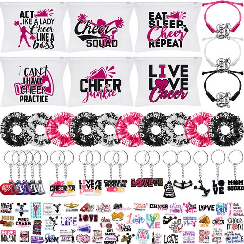 Amylove 149 Pcs Cheer Gifts Bulk for Team Include 36 Cheer Makeup Bag Portable Cosmetic Zipper Pouches 36 Cheer Scrunchies Cheerleading Hair Ties 36 Keychains 36 Bracelets 5 Sets Cheer Stickers