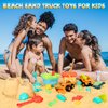 HUITEM Beach Sand Toys for Kids, 29PCS Sandbox Toys with 2 Collapsible Bucket Sand, 2 Dump Truck, Dinosaur Sand Molds, Sand Castle Kit, Shovel Sieve,Flags,Mesh Bag Travel Beach Toys for Toddler 3-10