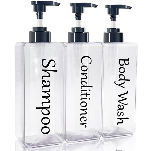 Shampoo and Conditioner Dispenser(Clear, Set of 3, 27oz)- Refillable & EmptyShampoo and Conditioner Bottles- Body Wash Dispenser Set-Modern Shampoo Bottles for Shower Soap