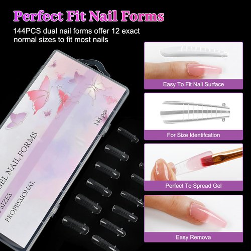 Nail Dual Forms for Polygel, 144Pcs Nail Forms for Builder Gel Reusable, 12 Sizes Extension Acrylic Nail Molds Sets, Nail Gel Forms False Nail Tips for Manicure Nail Art Design Salon DIY