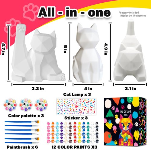 FUNZBO 3Pcs Paint Your Own Cat Lamp Kit - Art & Craft Supplies Kitten Painting Kits, Arts and Crafts for Kids Adults, DIY Night Light Toys Christmas Gift for Girls Boys Ages 3 4 5 6 7 8 9 10 11 12 13+
