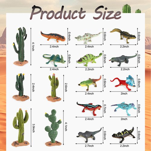 EOIVSH Desert Animal Figurines, 17pcs Model Trees Cactus Kit with Lizard Figures for Kids Toddlers, Reptile Toy Playset for Diorama Project Cake Topper Decorations