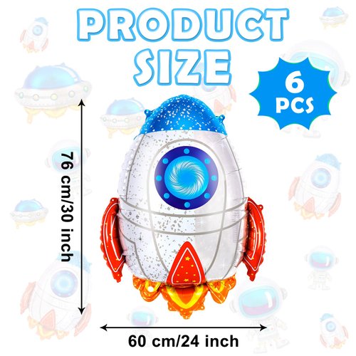 6 Pcs Rocket Balloons for Kids,Blue Rocket Foil Balloons,Outer Space Balloons,Flying Mylar Foil Balloons Space Decorations for Kids Baby Shower Universe Space Themed Birthday Party Decor