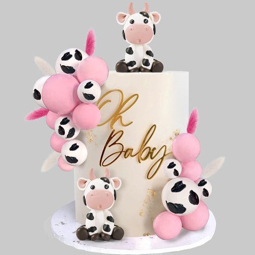 KEEPARTY Cow &amp; Ball Cake Toppers, 26pcs, Farm Animal Themed, Clay, Pink and White, for Baby Showe...
