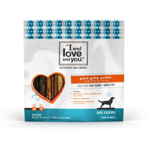 "I and love and you" Good Golly Beef Gullet Sticks - Grain Free Dog Chews, 100% Beef Gullet, 48 Pack of 6-Inch Sticks