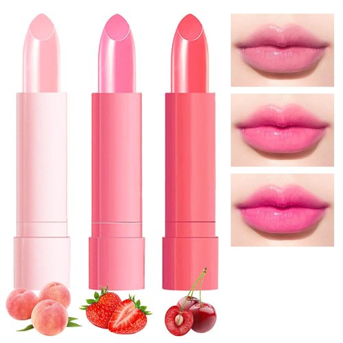 BINGBRUSH 3 Pcs Peach Strawberry Red Cherries Color Changing Lipstick Queen,Long Lasting Lip Care Moisturizer Lip Balm Magic Lip Gloss Lip Tint Stain Glossly