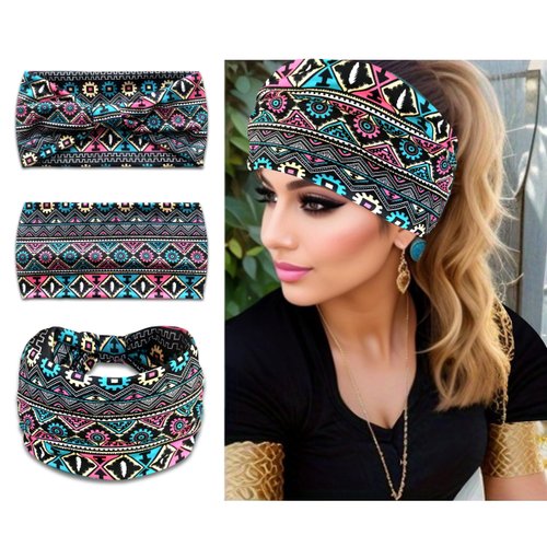 Boho Printed Twist Cross Headband for Women, Elastic Turban Hair Band, Yoga Exercise Headwrap
