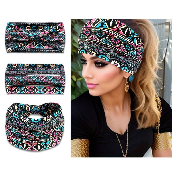 Boho Printed Twist Cross Headband for Women, Elastic Turban Hair Band, Yoga Exercise Headwrap