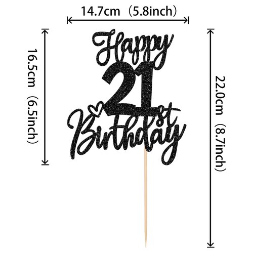 1 PCS Happy 21st Birthday Cake Topper Glitter Cheers to 21 Years Birthday Cake Pick Twenty One 21 Fabulous Cake Decoration for Happy 21st Birthday Anniversary Party Decorations Supplies Black
