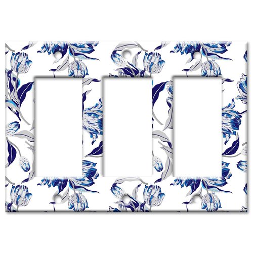 Art Plates 3 Gang Decora - GFCI Decorative Metal Wall Plate - Blue and Gray Flower Toss - (Made in USA)