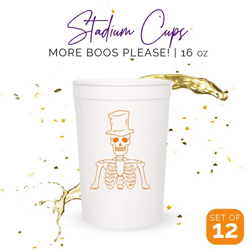 Halloween Party Cups - Set of 12 Orange or White 16oz Stadium Cups, Perfect for a Halloween Party, Halloween Favors, Trick or Treat Supplies (More Boos Please White)