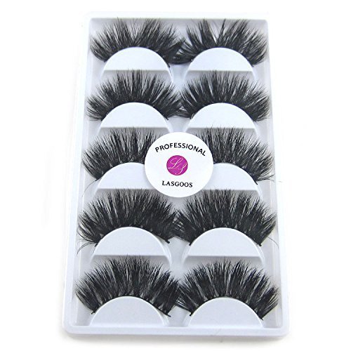 3D Real Mink False Eyelashes LASGOOS 100% Siberian Mink Fur Luxurious Soft Cross Thick Very Long Wedding Party 5 Pairs 20mm Fake Eye Lashes K02 (1 Pack-5 Pairs)