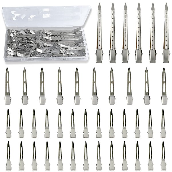 TseroFay 42Pcs Styling Hair Clips Set: Silver Metal Duck Billed Clips for Women's Hairstyling, Long Duckbill Pins, Alligator Rollers with Case