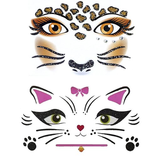 Nirbffo Animal Face Sticker Leopard Cat Floral Festival Body Paint Decoration Stickers for Halloween Stage performance face stickers 2sheets