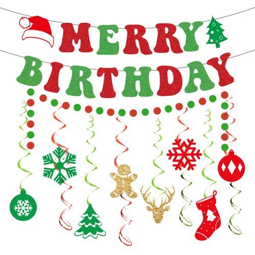 Gameza Christmas Birthday Decorations - 15PCS Christmas Birthday Party Decorations Glittery Merry Birthday Banners Hanging Swirls Decor Xmas Happy Birthday Banners Christmas Birthday Party Decor