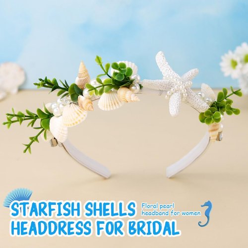 Unicra Starfish Headband Silver Pearl Bridal Hair Band Sea Shell Headpiece Beach Wedding Hair Accessories for Women and Girls