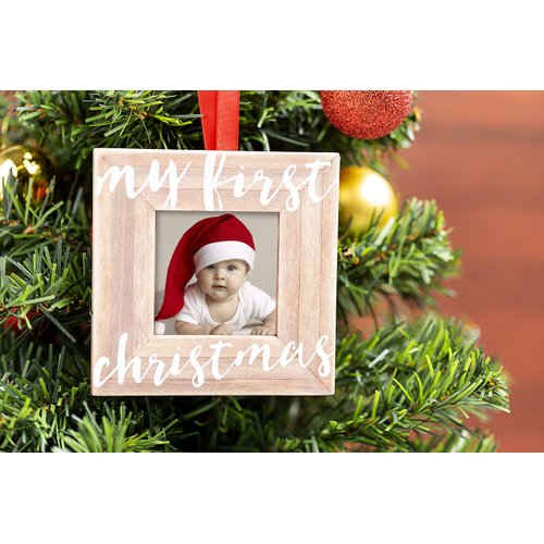 Pearhead Baby’s First Christmas Wooden Picture Frame Ornament, Newborn Milestone Keepsake Photo, Holiday Gift For New and Expecting Parents, Rustic My First Christmas Ornament